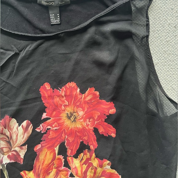 #36 🌺 5/$30 🌺 Mango sheer sleeveless black tunic / mini dress orange red flower - Picture 4 of 5